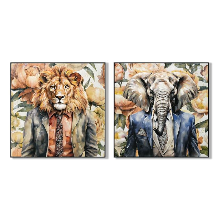 DKD Home Decor Cuadro Moderno de Lienzo y MDF, Multicolor con diseño de León y Elefante, 102x102x4 cm (2 Unidades)