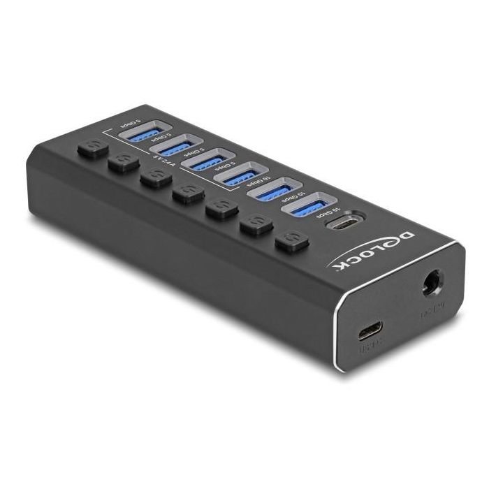 DELOCK Hub USB 7 Puertos (4x 10 Gbps, 4x Carga Rápida 5 Gbps) con Interruptor e Iluminación