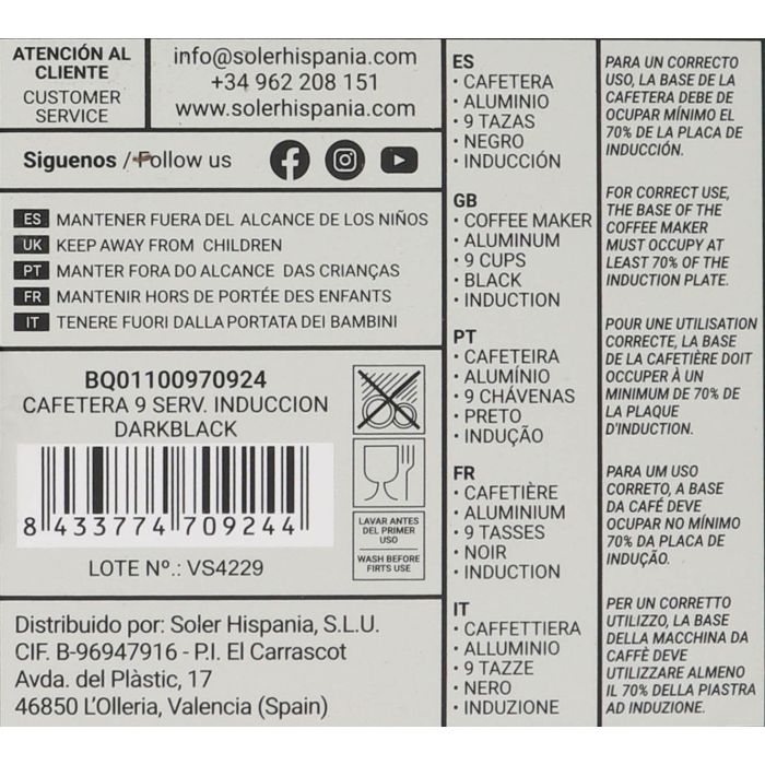 Cafetera 9 Servicios Induccin Darkblack Quttin (6 Unidades) 6 Cafetera 9 Servicios Induccin Darkblack Quttin (6 Unidades) 6