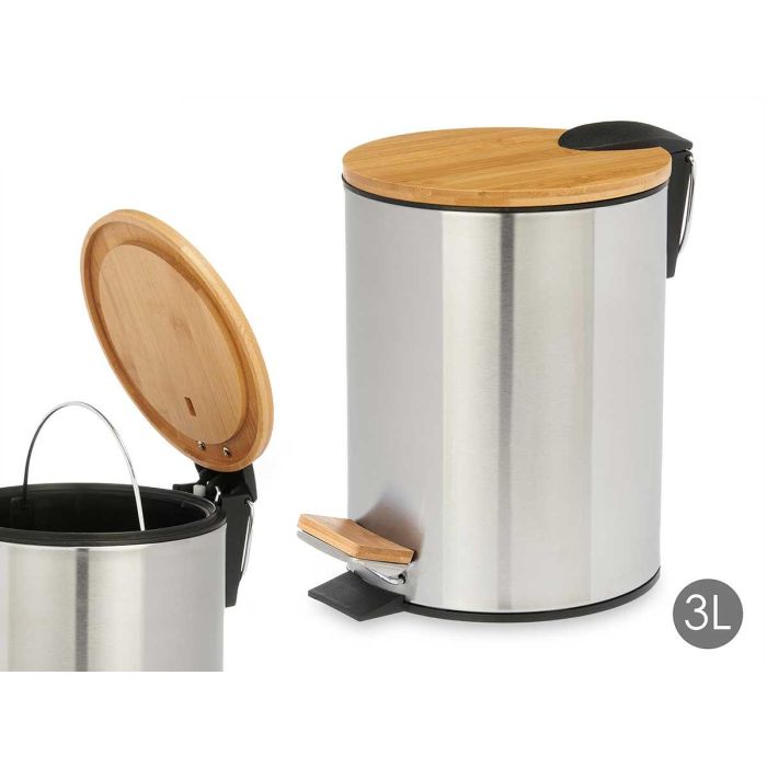 Berilo Papelera de Acero con Tapa de Bambú 3L, 17x23x23 cm, Plata/Marrón (6 Unidades) Berilo Papelera de Acero con Tapa de Bambú 3L, 17x23x23 cm, Plata/Marrón (6 Unidades)