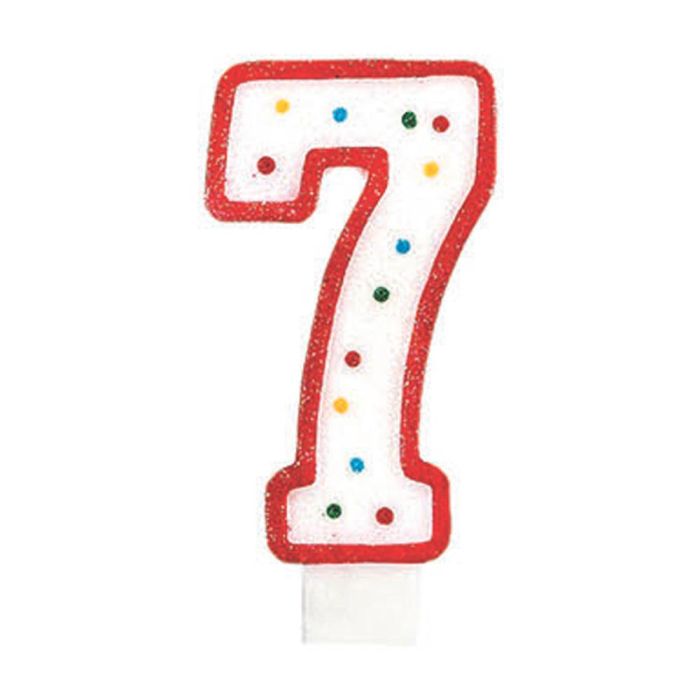 Party Time Vela Cumpleaños Numeral Número 7 de 14 cm Decorada con Círculos y Ribete Colores Surtidos con Pincho para Tarta