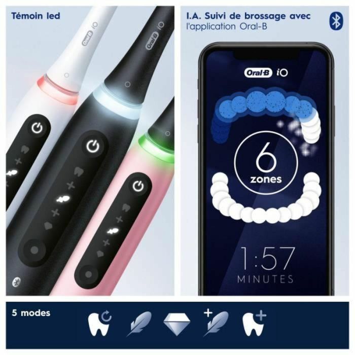 Oral-B iO 5 Pack de 2, cepillos de dientes eléctricos en blanco y negro, 2 cabezales 3