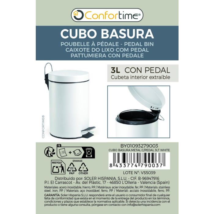 Confortime Cubo Basura Metal con Pedal 3 Litros Blanco 8