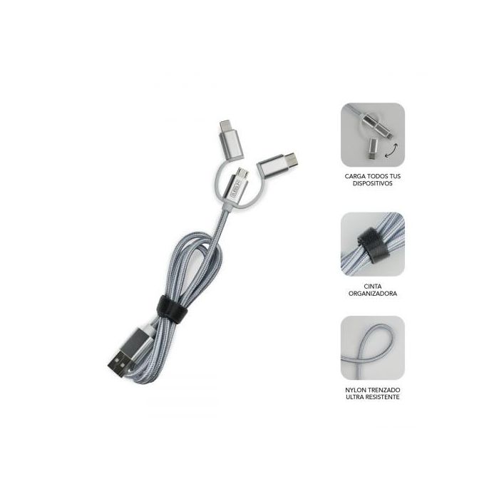 SUBBLIM Cargador coche Dual Alum 2.4A + Cable 3 in1 Silver 1 SUBBLIM Cargador coche Dual Alum 2.4A + Cable 3 in1 Silver 1