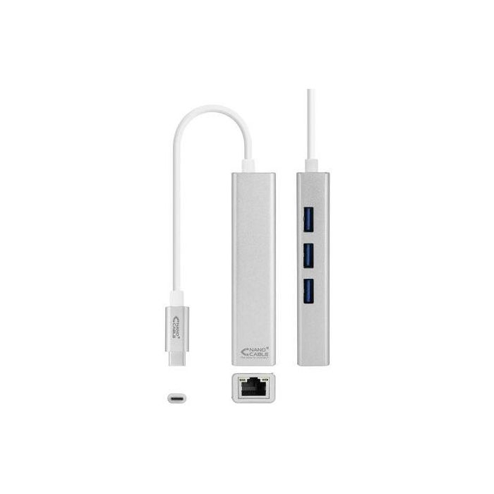 Nanocable 10.03.0404 Conversor Hub USB-C a Ethernet Gigabit RJ45 con 3 Puertos USB 3.0, Plug & Play para PC/Mac/Linux, Plata 1