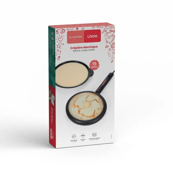 Livoo Crepera Eléctrica DOP258CO 20 cm, 600 W, Mango Resistente al Calor, Negro, Colaboración Marmiton