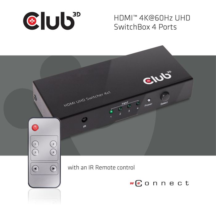 Club3D HDMI Switch Box 4 Entradas 1 Salida 4K Ultra HD 60Hz compatible con HDMI 2.0a, HDCP, con mando a distancia 8 Club3D HDMI Switch Box 4 Entradas 1 Salida 4K Ultra HD 60Hz compatible con HDMI 2.0a, HDCP, con mando a distancia 8