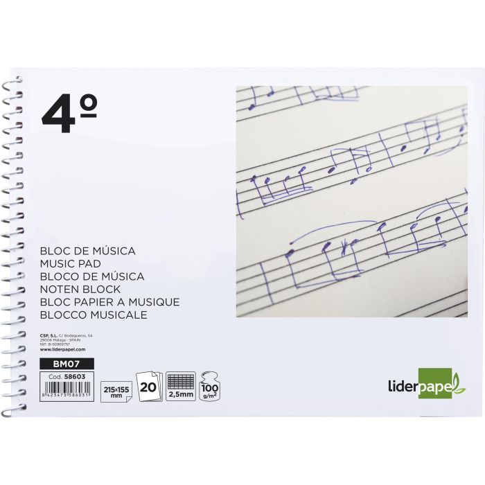 Bloc Musica Liderpapel Combi Pentagrama Cuadriculado 2,5 mm Cuarto 20 Hojas 100 gr-M2 1