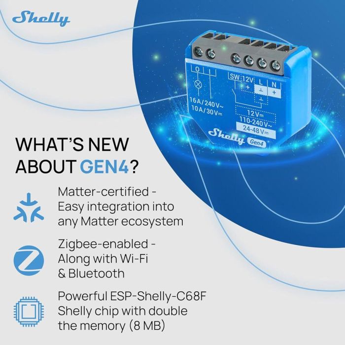 Shelly 1 Gen4 Relais Inteligente 1 Canal 16A WLAN Matter Zigbee Bluetooth 15