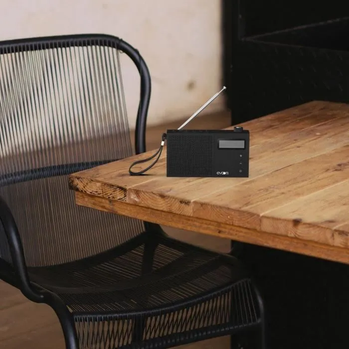Evoom EVO3700527312200 Radio Despertador Negro - Radio FM y DAB+, 2 Alarmas, Batería/USB 2