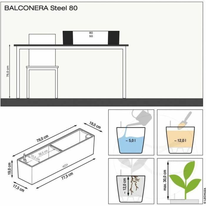 LECHUZA Macetero Balconera Steel 80, gris perla satinado 3