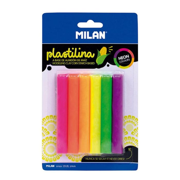 Blíster con 6 barritas de plastilina de colores de fluorescentes 70 g milan