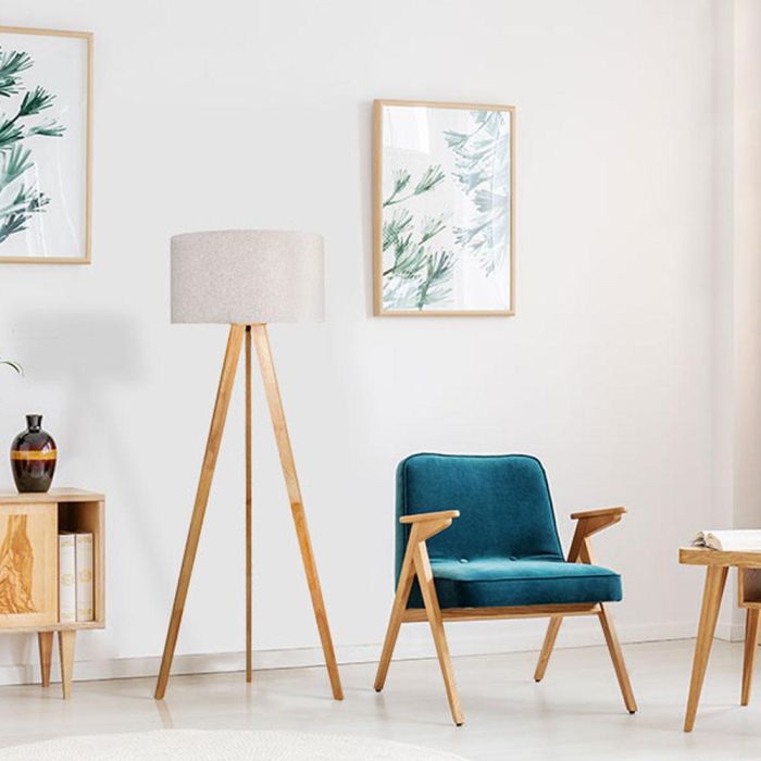 Edm Lámpara de pie trípode madera, hierro y tela E27 Ø50x150cm, pantalla Ø50x28cm 2 Edm Lámpara de pie trípode madera, hierro y tela E27 Ø50x150cm, pantalla Ø50x28cm 2