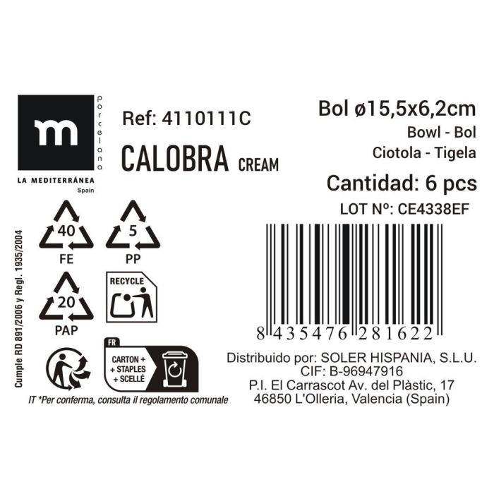 Bol Calobra Crema 15.5 cm x 6.2 cm - Inde (24 Unidades) 2 Bol Calobra Crema 15.5 cm x 6.2 cm - Inde (24 Unidades) 2