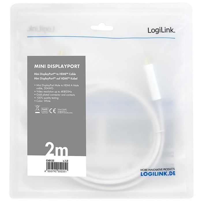 Logilink 4K Mini DisplayPort-Kabel DP 1.2 zu HDMI 1.4 2m wei 2