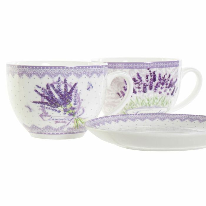 Taza con Plato DKD Home Decor Blanco Verde Lila Porcelana 220 ml (2 Unidades) 2 Taza con Plato DKD Home Decor Blanco Verde Lila Porcelana 220 ml (2 Unidades) 2