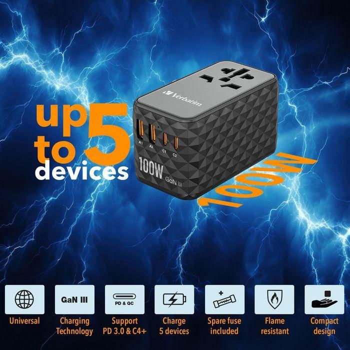 Verbatim Uta-06 Adaptador Universal De Viaje Con 2 Puerto Usb-C - 2 Puerto Usb-A 1 Verbatim Uta-06 Adaptador Universal De Viaje Con 2 Puerto Usb-C - 2 Puerto Usb-A 1