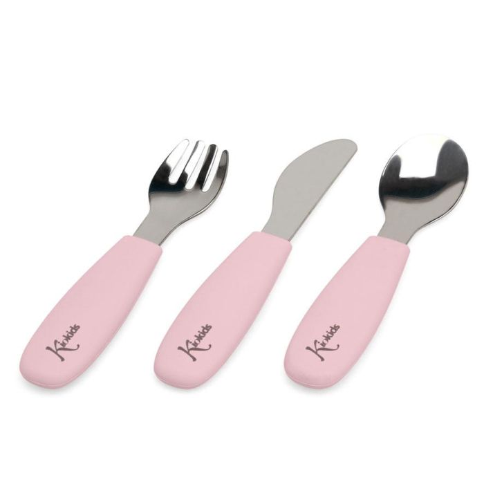 KioKids Set Cubiertos Infantiles Acero Inoxidable y Silicona Rosa, Mangos Antideslizantes, Bordes Seguros, Aptos Lavavajillas, +6 meses 1