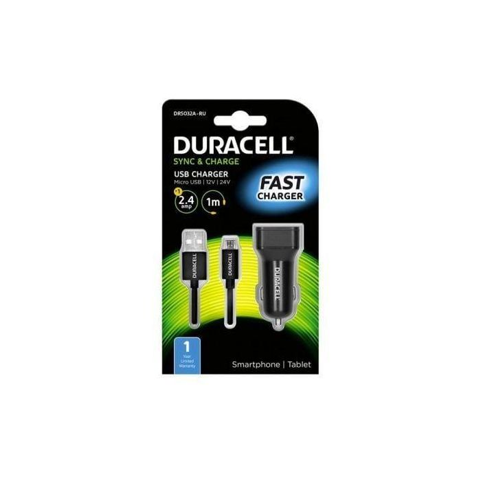 Cargador de Coche Duracell DR5032A/ USB + Cable MicroUSB/ 2.4A