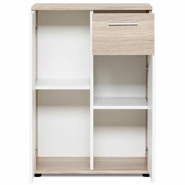 Jacky Mueble de Almacenamiento Clásico con 2 Puertas y 1 Cajón, blanco mate y decoración roble, melamina – Ancho 60 cm 2