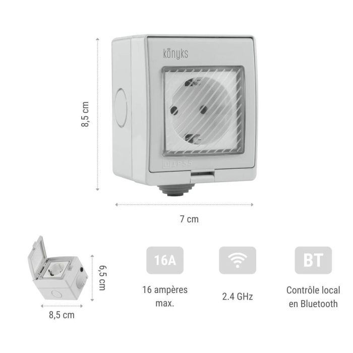 Toma exterior Wi-Fi + Bluetooth, IP 55, contador de consumo compatible con Alexa y Google Home, 16A - Konyks Pluviose Easy EU 1