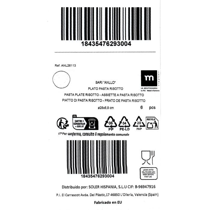 La Mediterranea Plato Pasta Risotto Anllo Ø28 cm (6 Unidades) 1