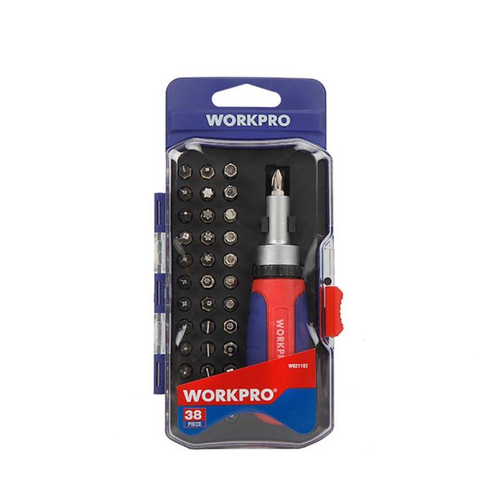 Workpro Destornillador de carraca 38 piezas con puntas planas, Phillips, cuadradas, Pozidrive, Torx y Allen Workpro Destornillador de carraca 38 piezas con puntas planas, Phillips, cuadradas, Pozidrive, Torx y Allen
