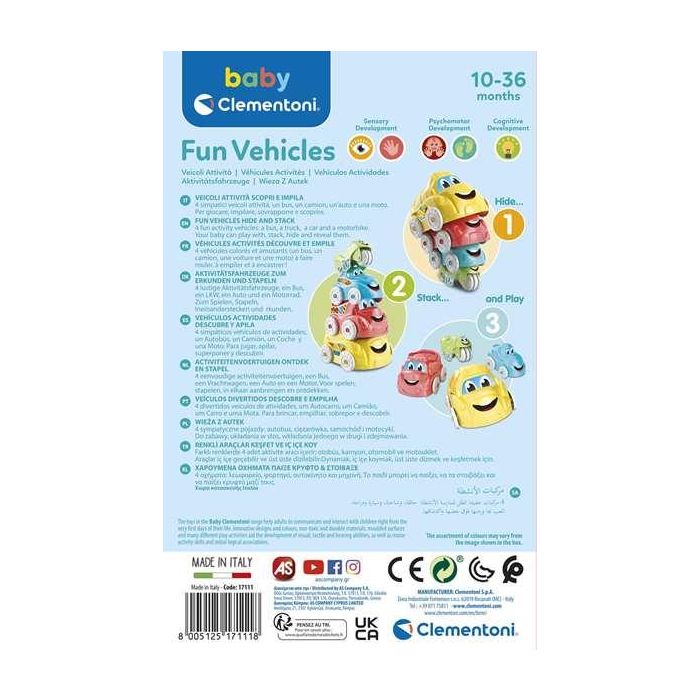 Clementoni Coches Apilables Set de 4 Coches Diferentes (Autobús, Camión, Coche y Moto) 15x15x24 cm 3