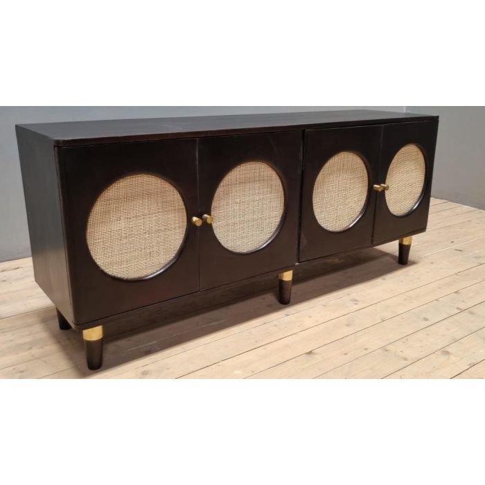DKD Home Decor Buffet Moderno Madera Mango y Ratán Negro y Natural con 4 Puertas 150x40x65 cm