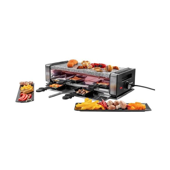 UNOLD Tischgrill Raclette Delice Basic 48760, para 8 personas, 2 placas antiadherentes desmontables, potencia 1200W, termostato ajustable, color negro y acero inoxidable 1