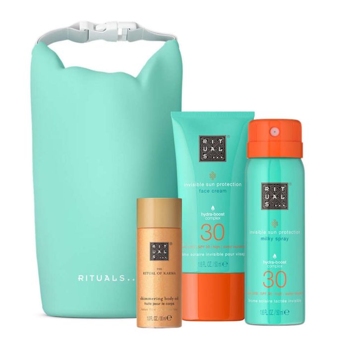 Rituals The Ritual of Karma Set: Aceite Corporal Iluminador 30ml + Crema Facial Solar SPF30 50ml + Spray Leche Solar SPF30 50ml. Con Estuche.
