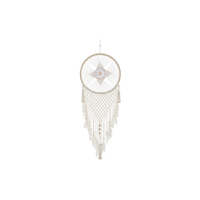 DKD Home Decor Atrapasueños Boho Blanco Multicolor Natural Ratán Algodón Plumas Alto 145 cm, Ancho 52 cm