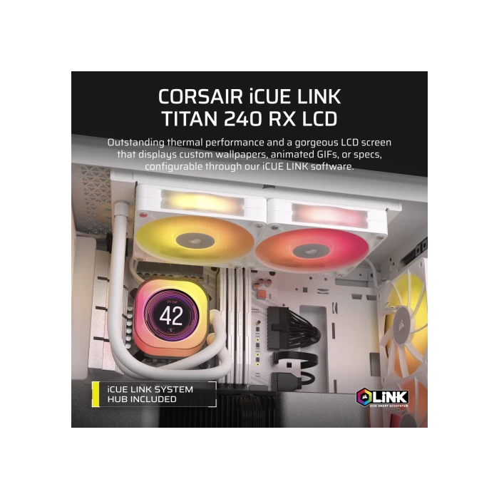 Corsair CW-9061025-WW Refrigeración Líquida iCUE LINK TITAN 240 RX LCD para CPU, 2 Ventiladores RX120 RGB, Blanco, Intel LGA 1851/AM5 2