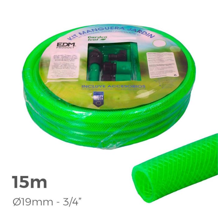 Edm Kit Manguera de Jardín 15 m Flexible PVC 3 Capas Verde Fluor Anti-Algas 1