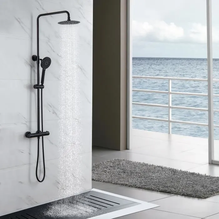 Oceanic Columna de ducha Mezclador termostático Cabezal redondo ø 20 cm Negro mate Ducha de mano 3 chorros Altura regulable Acero Inoxidable 1