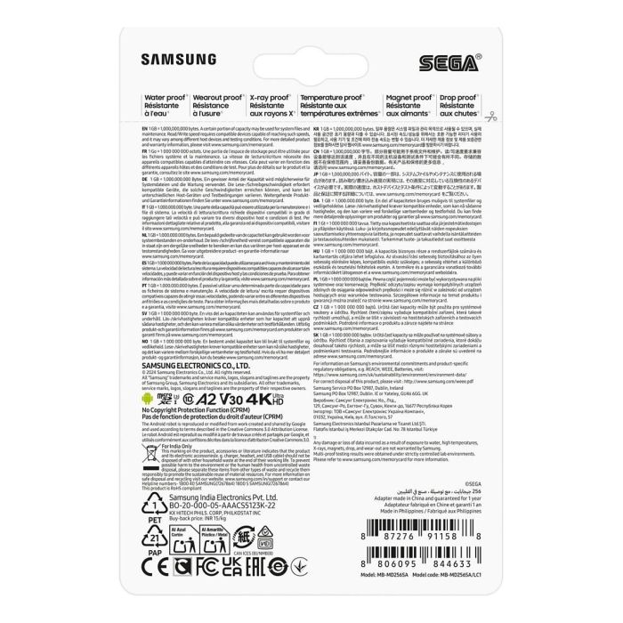 Samsung MB-MD256S Tarjeta MicroSDXC 256 GB UHS-I Clase 10 V30 U3 Velocidad Lectura 180MB/s Escritura 130MB/s