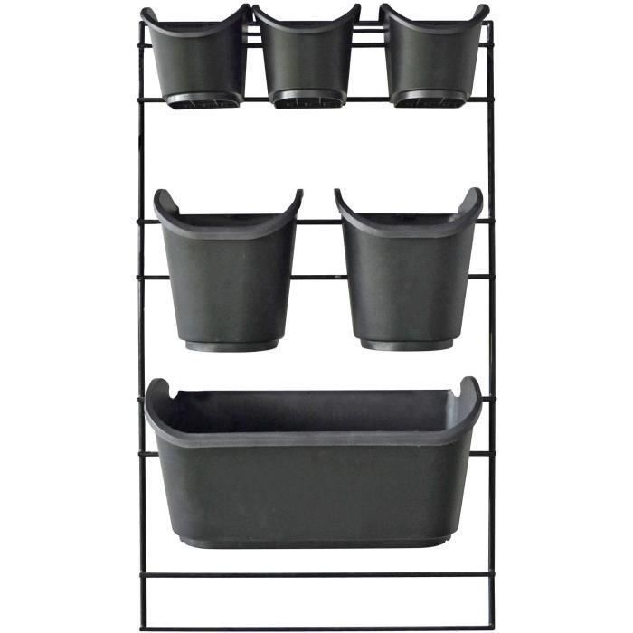 Jardinera de pared - Kit soporte de pared + 3 macetas (0,9L) + 2 macetas (2,5L) + 1 jardinera (5,4L) - Negro - Al 84 x L 48 cm - NATURE 4