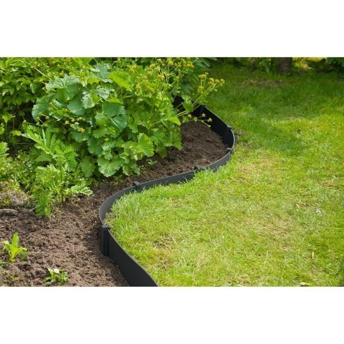 Borde de jardín - NATURE - Negro - PE reciclado, espesor 3 mm - Al 7,5 cm x 10 m - 10 anclajes negros - Al 19,5 x 1,9 x 1,8 cm 5