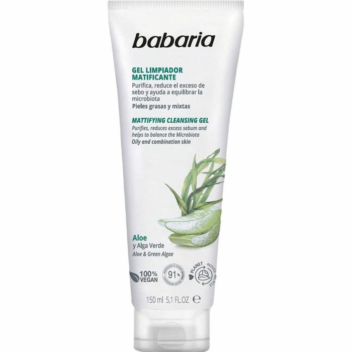 Babaria Gel Limpiador Facial Matificante Aloe Vera, Purificante para Piel Mixta/Grasa y Acné, Reduce Sebo, 150 ml Vegano