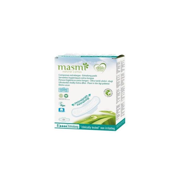 MASMI Compresa Extralarga de Puro Algodón Ecológico Certificado 8 Unidades para Noche o Flujo Abundante