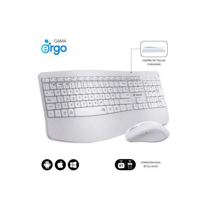 SUBBLIM Combo Dual Prowave White Teclado y Ratón Ergonómicos Inalámbricos Bluetooth y USB, Recargables, Español 0 SUBBLIM Combo Dual Prowave White Teclado y Ratón Ergonómicos Inalámbricos Bluetooth y USB, Recargables, Español 0