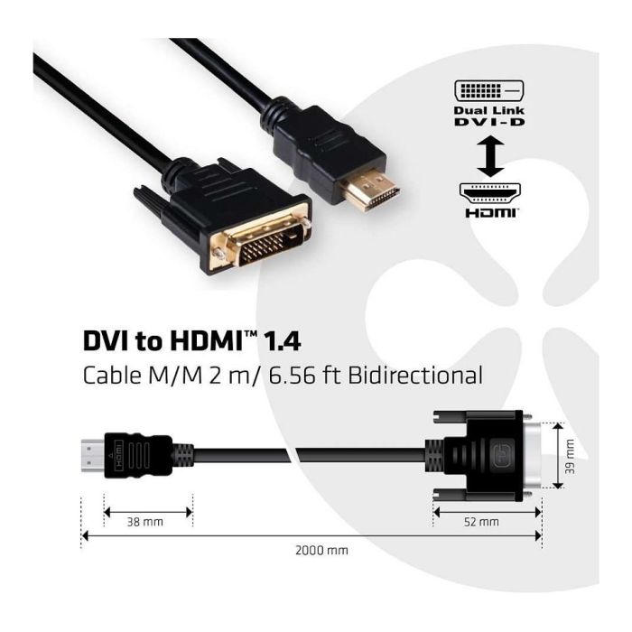 Club3D Cable Adaptador DVI Dual Link a HDMI 1.4 Macho 2m (6.56ft) 4K 30Hz 3840x2160p Bidireccional Plug and Play Negro Club3D Cable Adaptador DVI Dual Link a HDMI 1.4 Macho 2m (6.56ft) 4K 30Hz 3840x2160p Bidireccional Plug and Play Negro