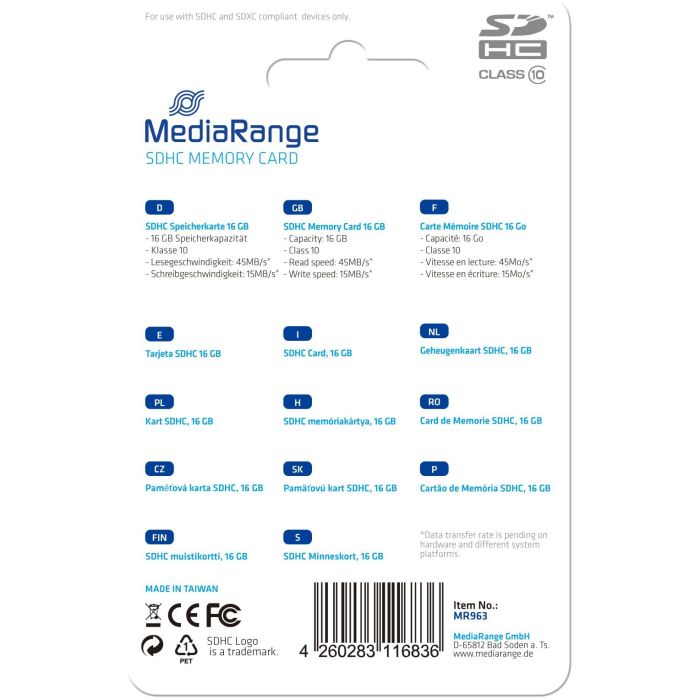 MediaRange Tarjeta de Memoria SDHC 16GB Clase 10