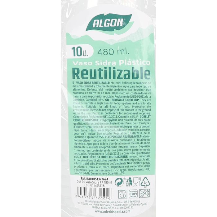 Algon Set 10 Vasos Sidra PP 480 ml (20 Unidades)