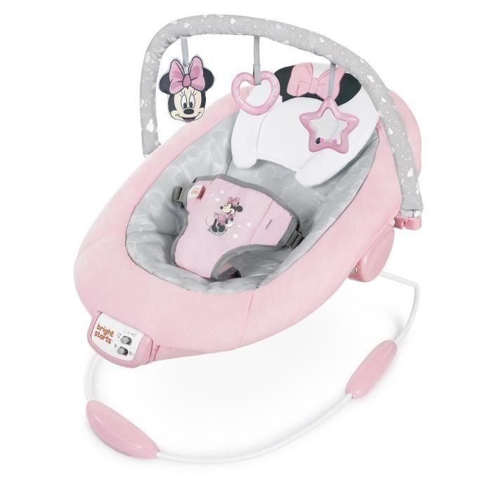 Bright Starts Tumbona Vibratoria para Bebé Disney Minnie Mouse Rosy Skies | Asiento Ultrasuave con Orejas y Lazo para Niña