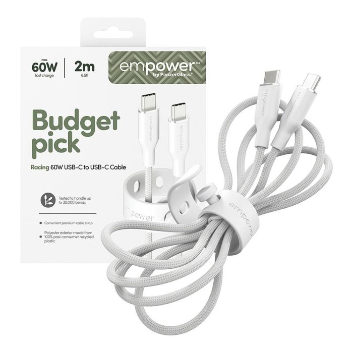 PanzerGlass empower by Racing Cable USB-C a USB-C 60W 2 Metros Blanco, 100% Poliéster Reciclado, Certificado GRS 4 PanzerGlass empower by Racing Cable USB-C a USB-C 60W 2 Metros Blanco, 100% Poliéster Reciclado, Certificado GRS 4