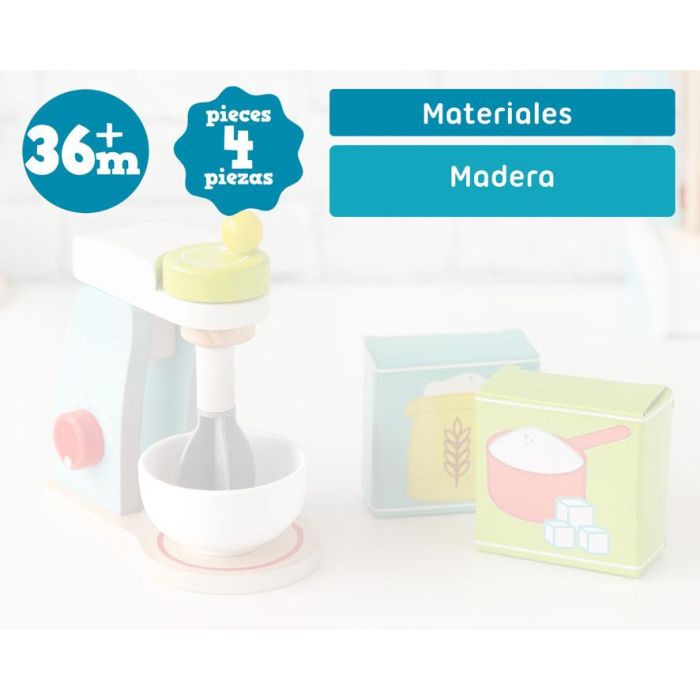 KioKids Juguete Batidora Procesadora de Madera Multicolor con Accesorios (Vaso, Harina, Azúcar) para Juego de Imitación Niños +3 Años 5