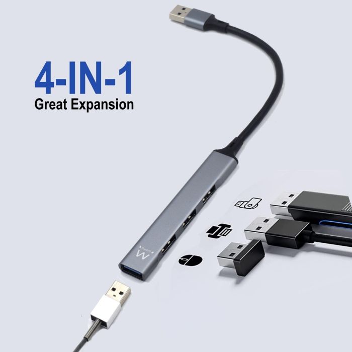 Ewent Hub Slim EW1144 4 Puertos USB 3.2 Gen 1 y 2.0, Diseño Compacto 2 Ewent Hub Slim EW1144 4 Puertos USB 3.2 Gen 1 y 2.0, Diseño Compacto 2