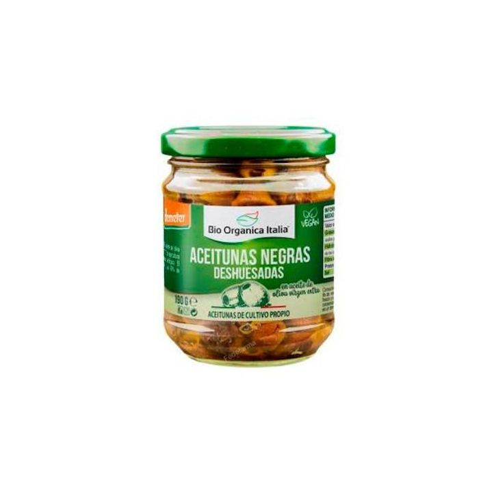 BIO ORGANICA ITALIA Aceituna Negra Deshuesada Bio con Aove Leccino 190 g. Ideal aperitivo, ensaladas, pizzas, bruschetta.