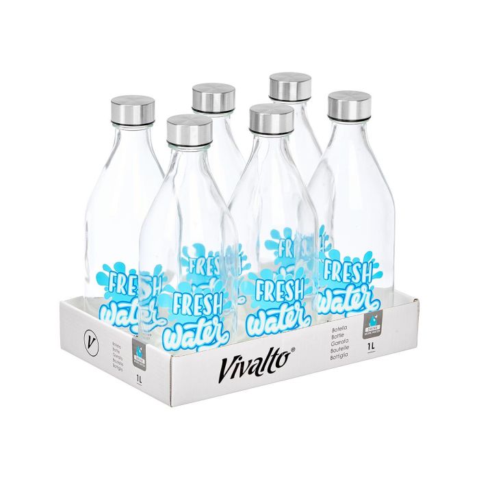 Vivalto Botella Tapón Acero Fresh Water Transparente/Plata Vidrio/Acero 1 L 9.4 x 25.5 x 9.4 cm (Set de 12) 2